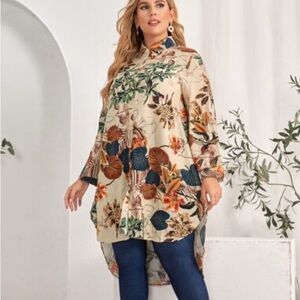 SHEIN Curve Tropical Floral Button-Up hi-low midi oversized shirt Dress linen 2X